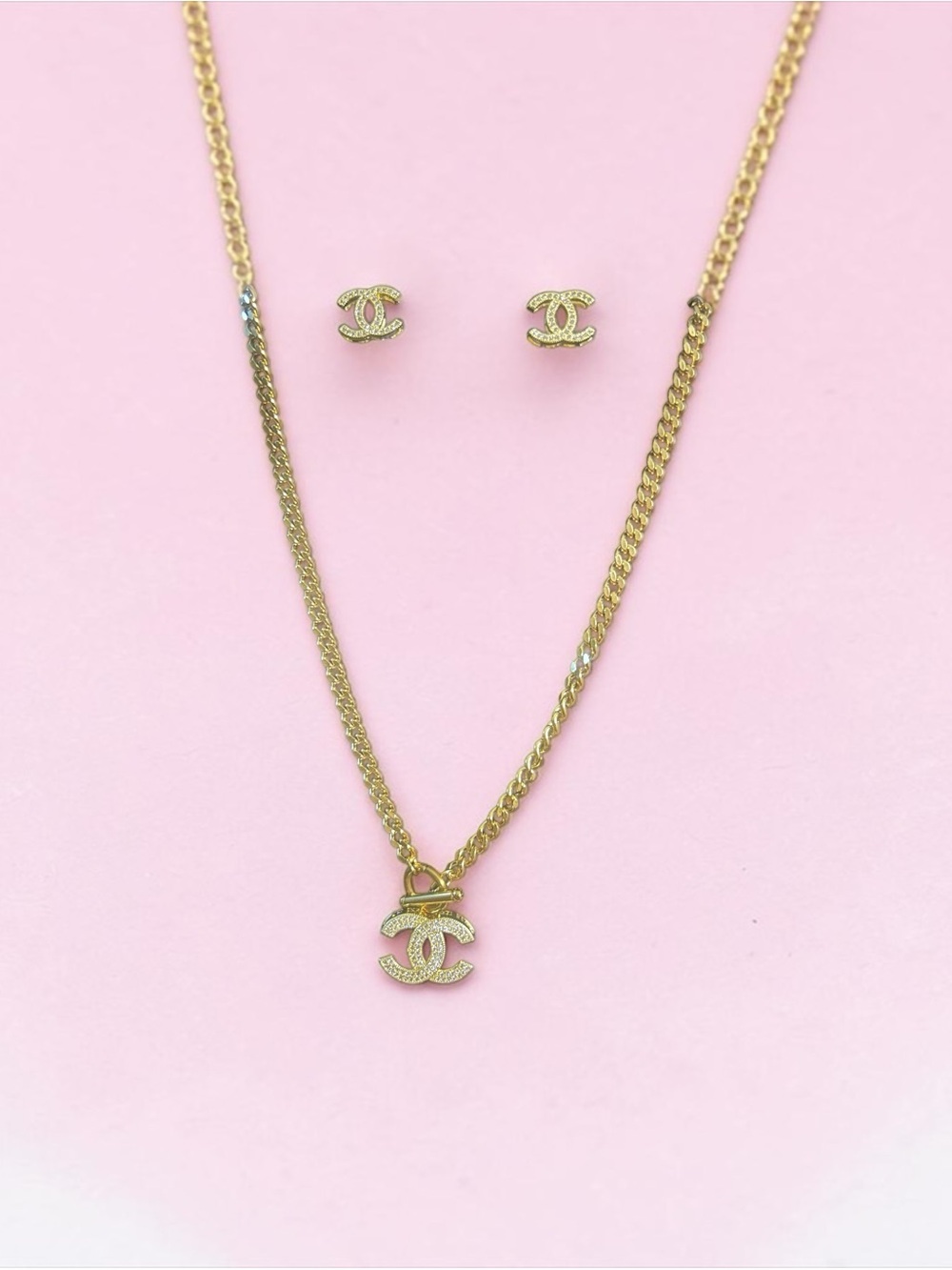 Gold Logo Pendant Necklace and Stud Earring Set - Picture 7 of 8